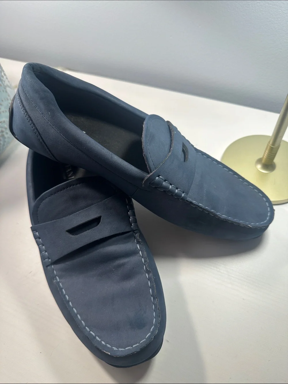 Alfani Men's Suede Penny Loafers - Navy and Gray 8.5 Mens